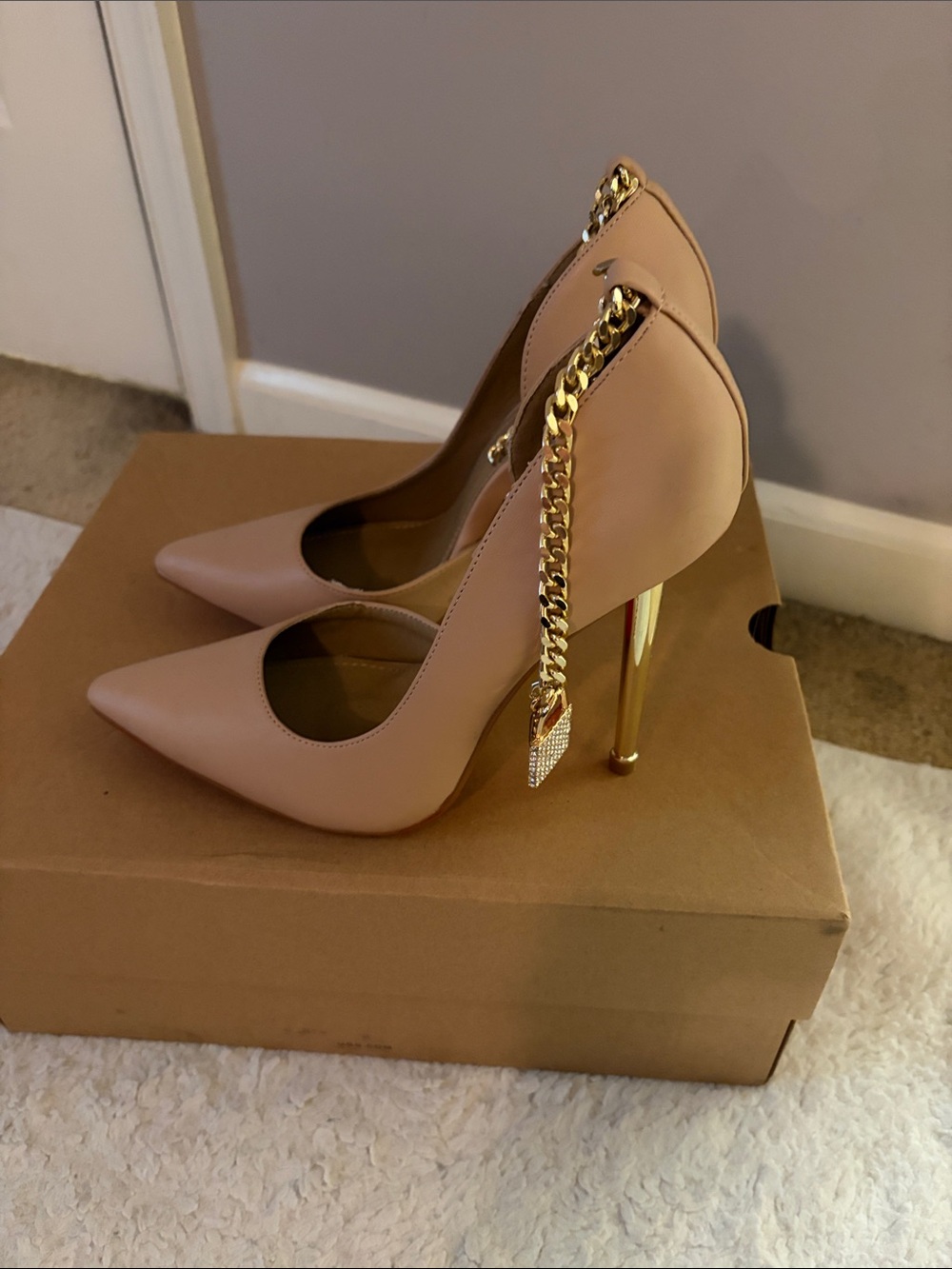Nude Pointed Toe Stiletto Pumps with Gold Chain Accent